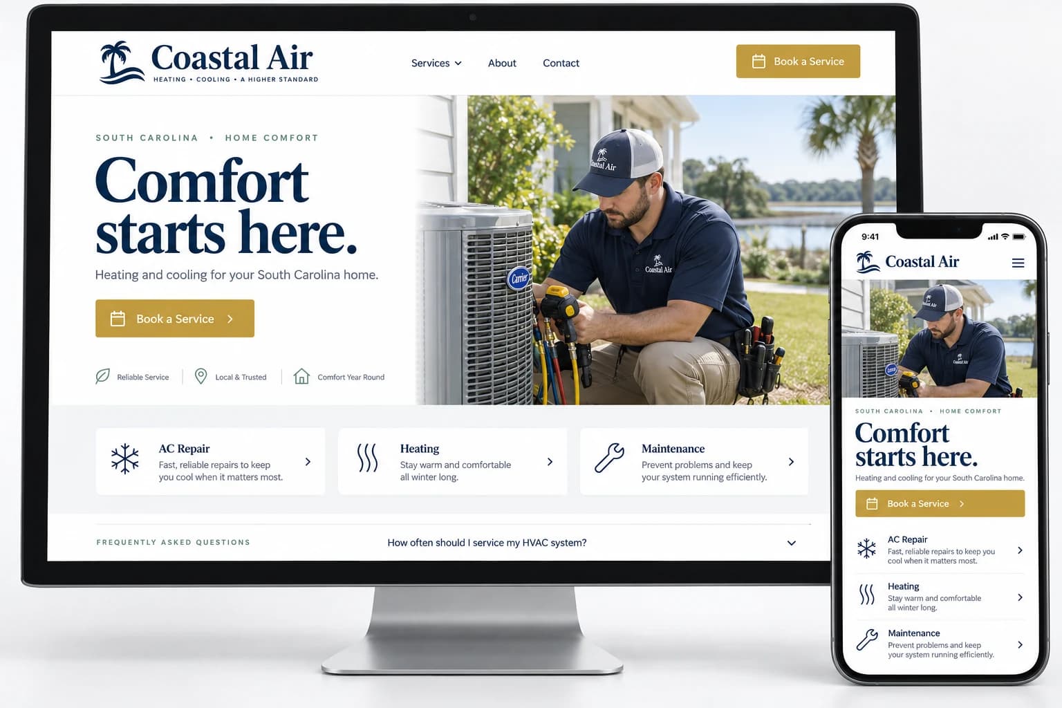 AI-generated design concept for a fictional HVAC company: a desktop and phone website with clear service information, a technician photograph, service cards and a booking action.
