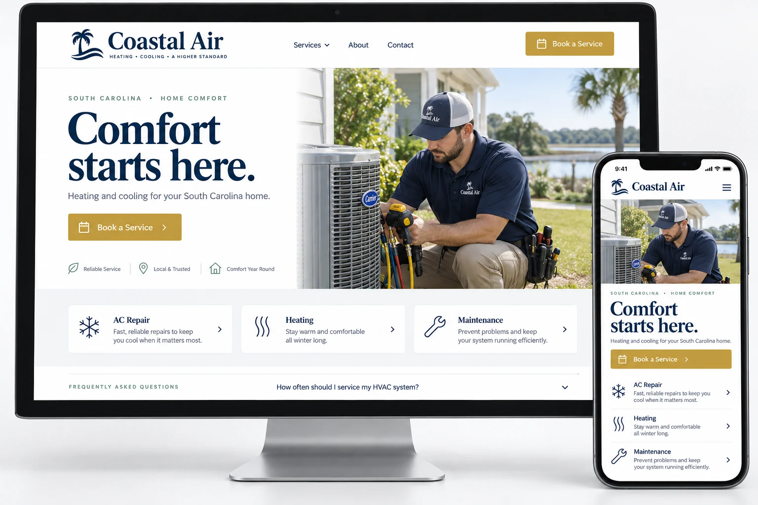 Desktop and mobile website concept showing service information and a clear booking action