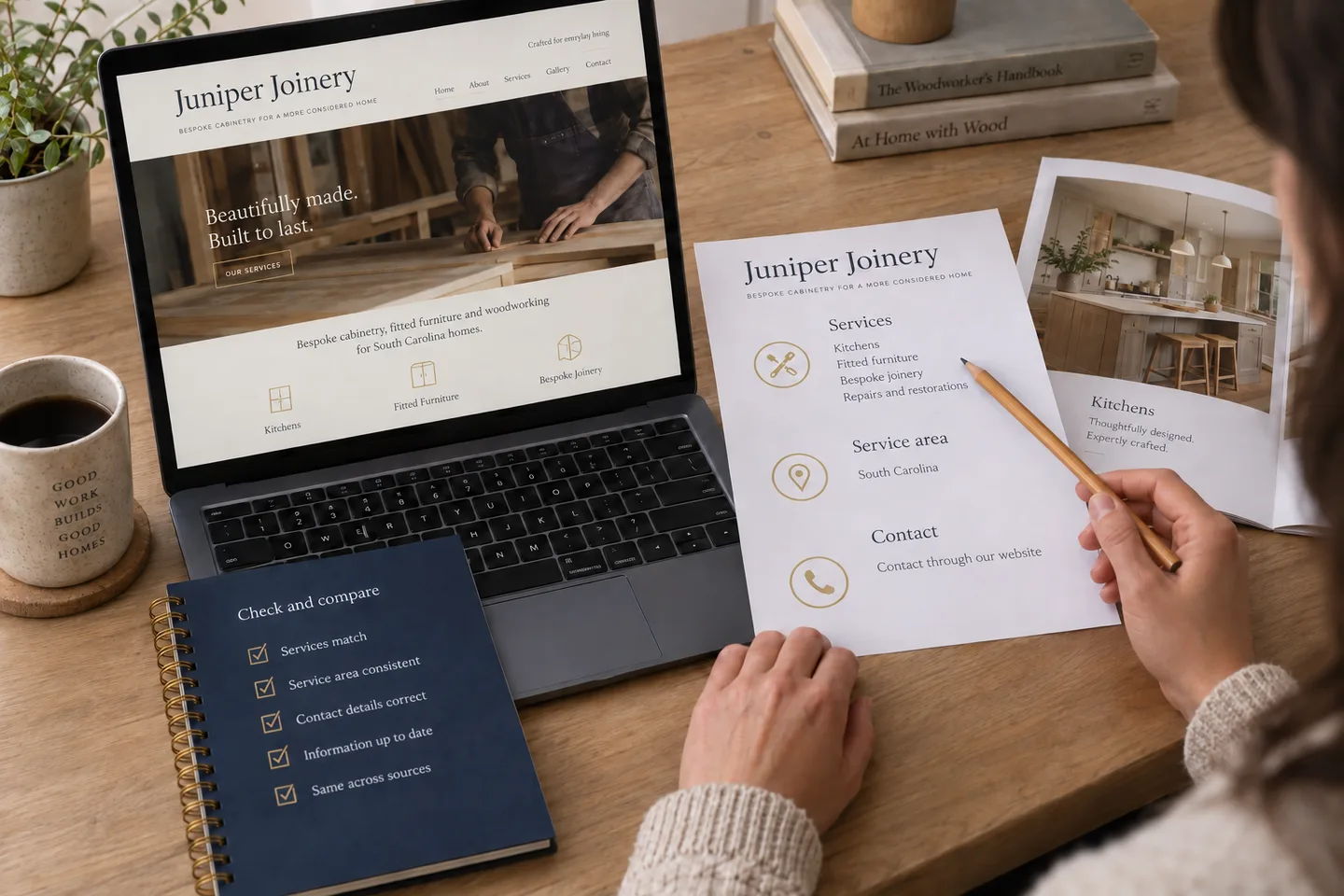 Comparing a fictional cabinetry company's website with its published service and coverage information