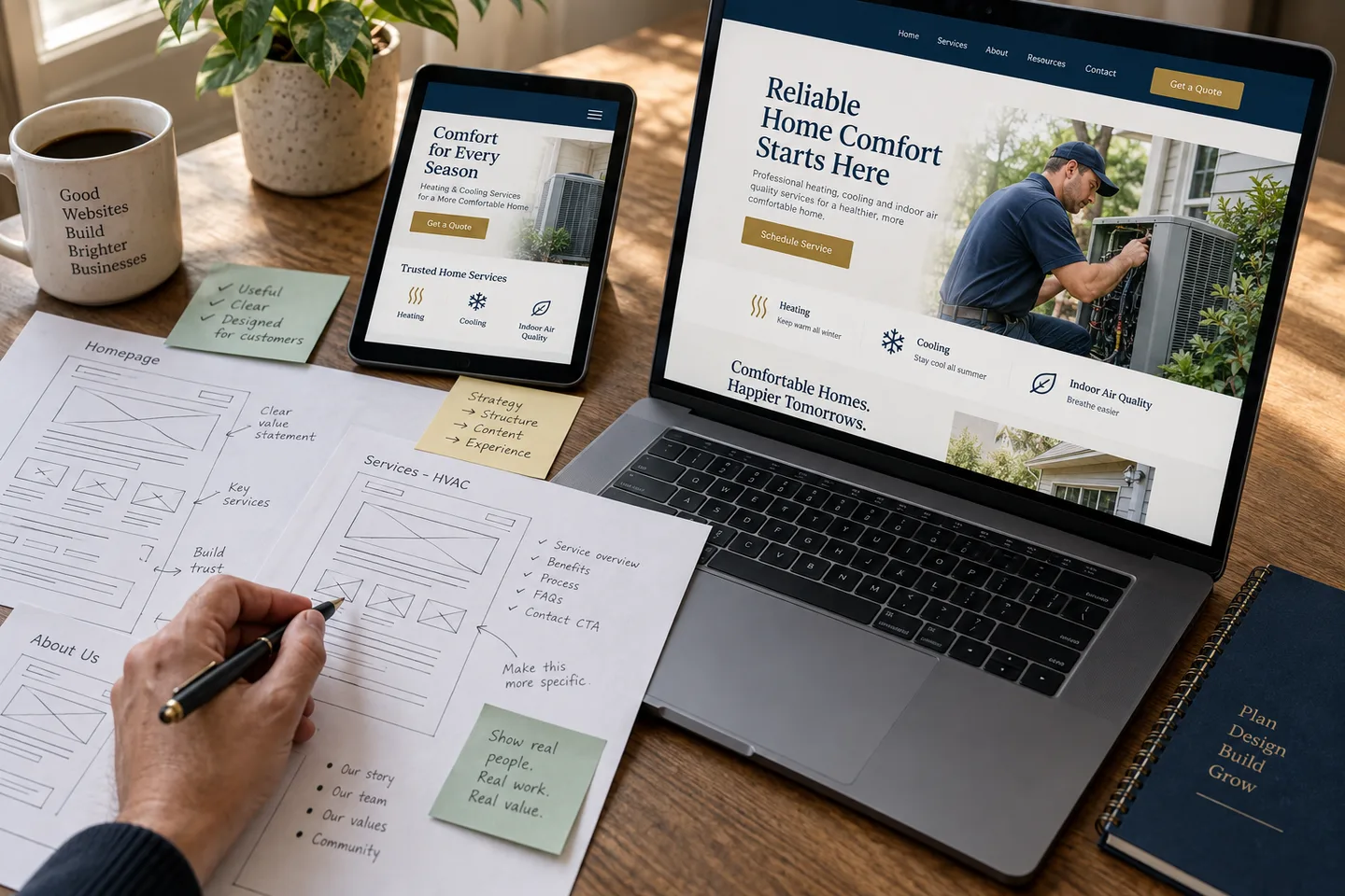 Website planning illustrated with annotated layouts and desktop and mobile designs